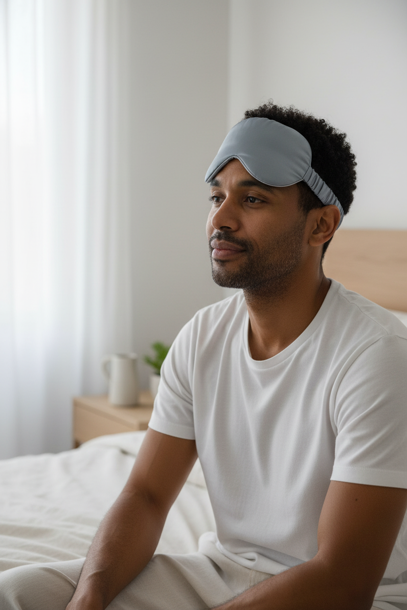 Mixed race man with silk eye mask pushed up on forehead