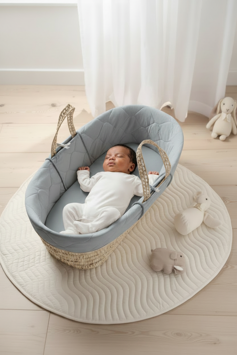Newborn Dark Skin Sleeping on Greyish Blue Silk Moses Basket Sheet