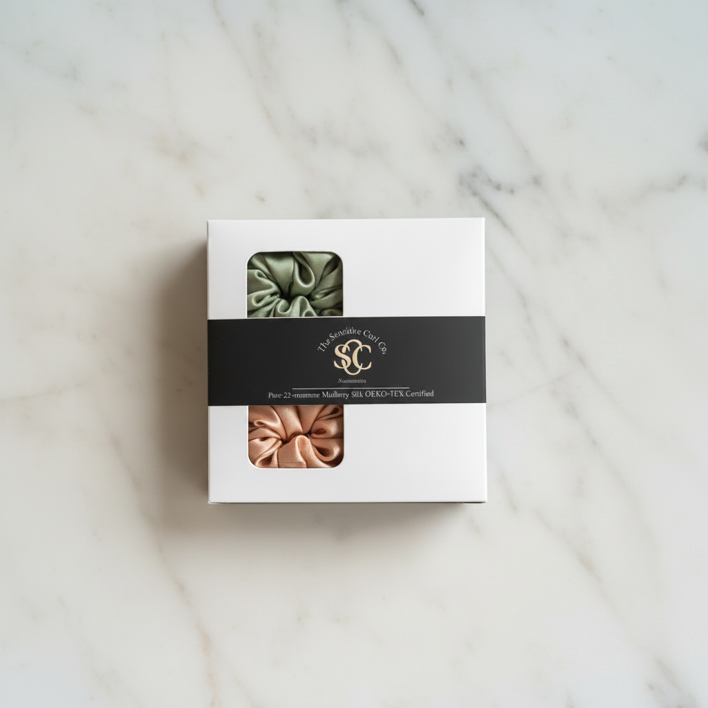 Peach & Pea Green Scrunchies in Box - Overhead