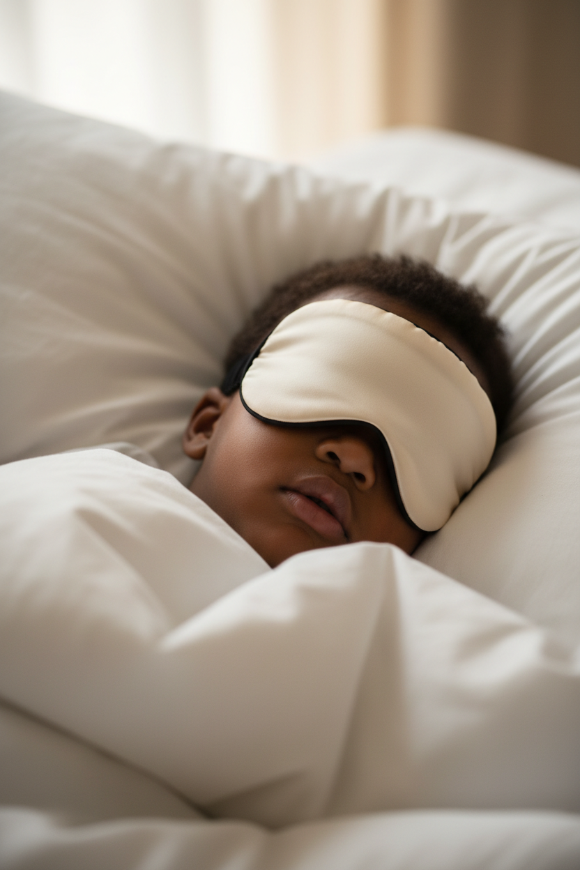 Toddler Dark Skin Ivory Silk Eye Mask Lifestyle