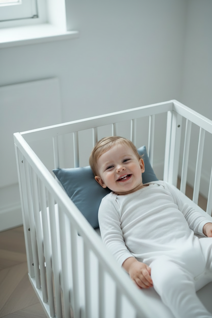 Toddler Sitting with Blue-Grey Silk Pillowcase