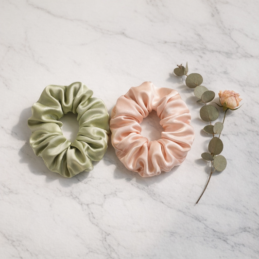Essential Silk Scrunchie Set - Pea Green & Peach (2 Pack)