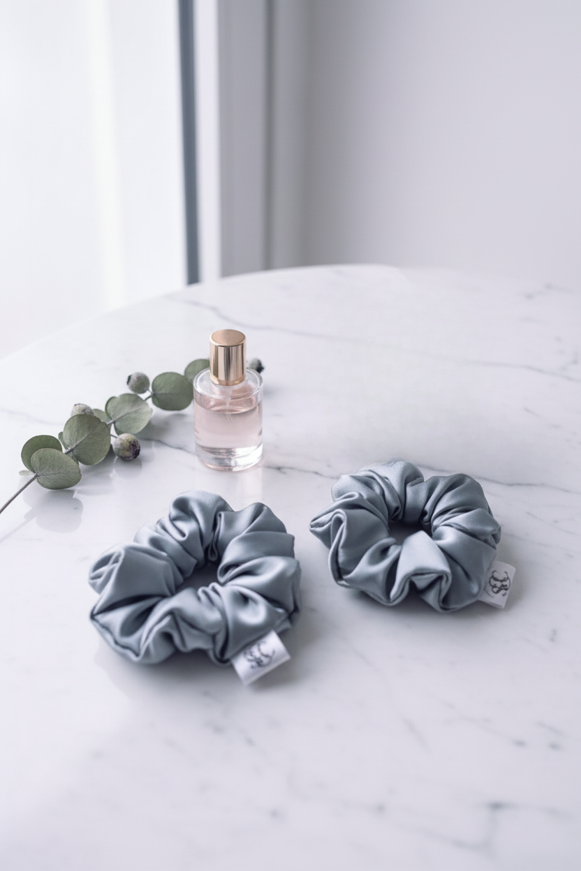 Essential Silk Scrunchie Set - Greyish Blue (2 Pack)