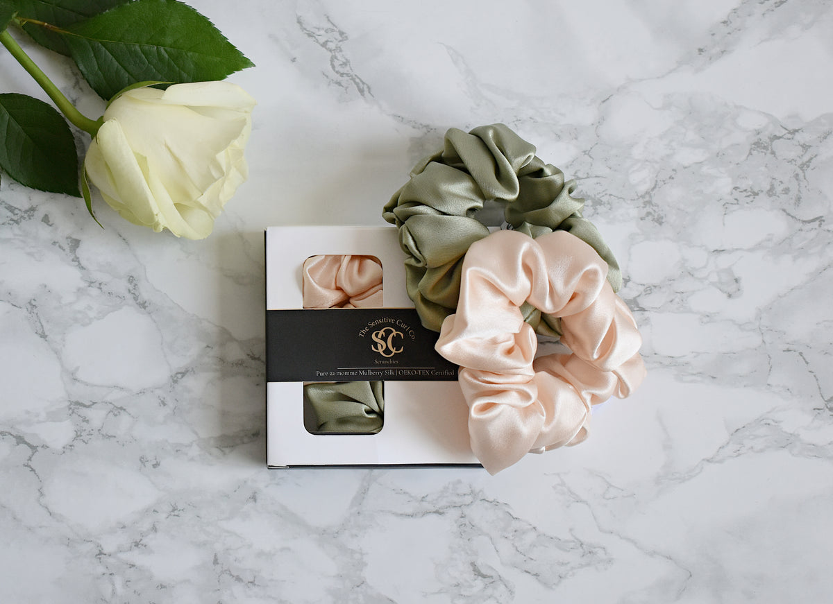 Essential Silk Scrunchie Set - Pea Green & Peach (2 Pack)