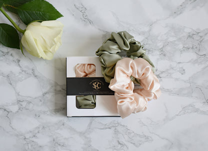 Essential Silk Scrunchie Set - Pea Green & Peach (2 Pack)