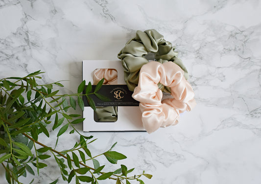Essential Silk Scrunchie Set - Pea Green & Peach (2 Pack)
