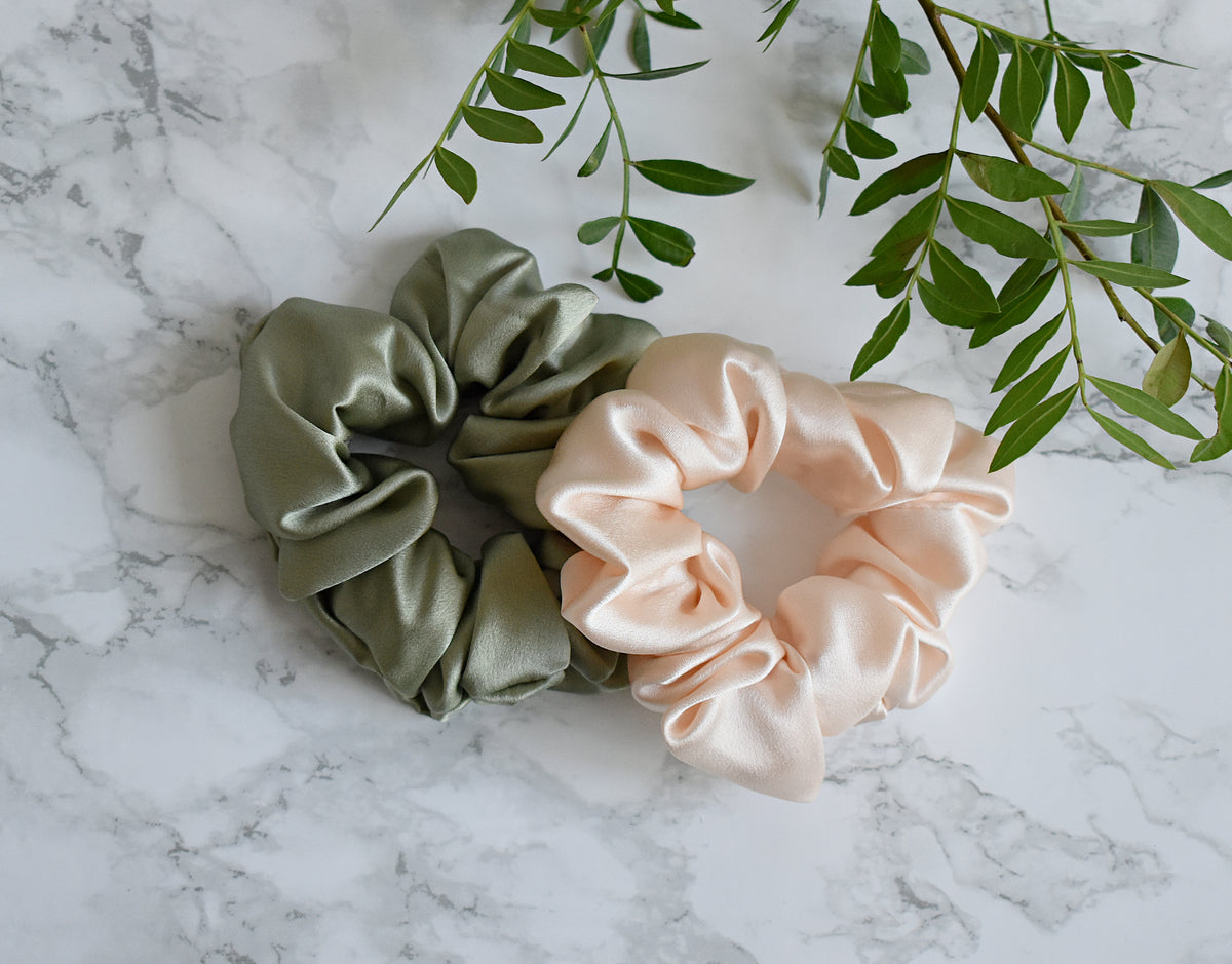 Essential Silk Scrunchie Set - Pea Green & Peach (2 Pack)