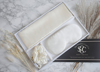 Adult Beauty Sleep Gift Set - Pillowcase, Eye Mask & Scrunchies | Ivory Cream