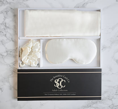 Adult Beauty Sleep Gift Set - Pillowcase, Eye Mask & Scrunchies | Ivory Cream