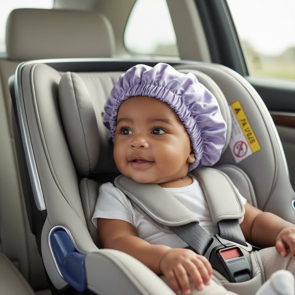 Baby in lavender silk bonnet in car seat