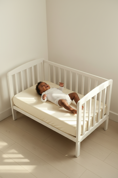 Baby Playing on Cream Silk Cot Sheet