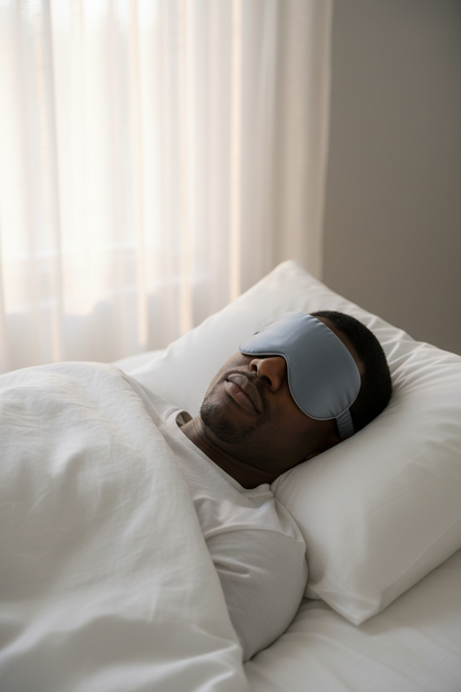 Black man sleeping in bluish grey silk eye mask