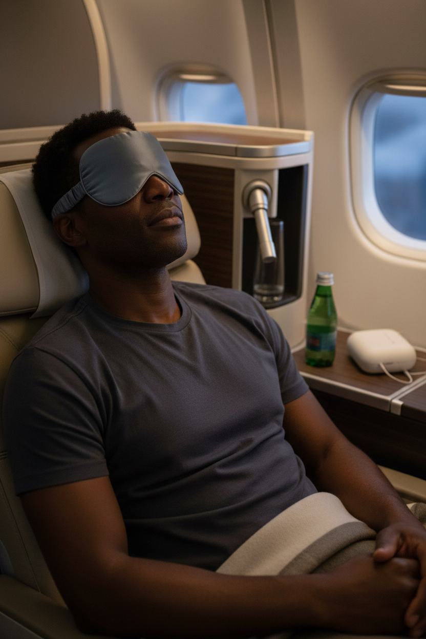 Black man wearing silk eye mask in first class seat