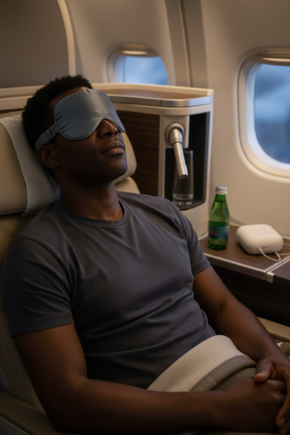 Black man wearing silk eye mask in first class seat