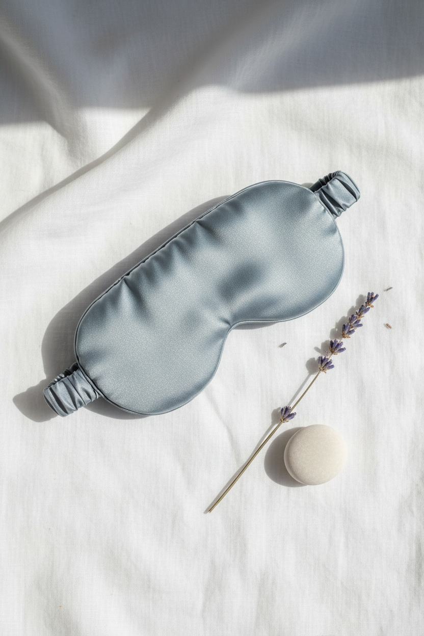 Bluish grey silk eye mask flat lay with lavender