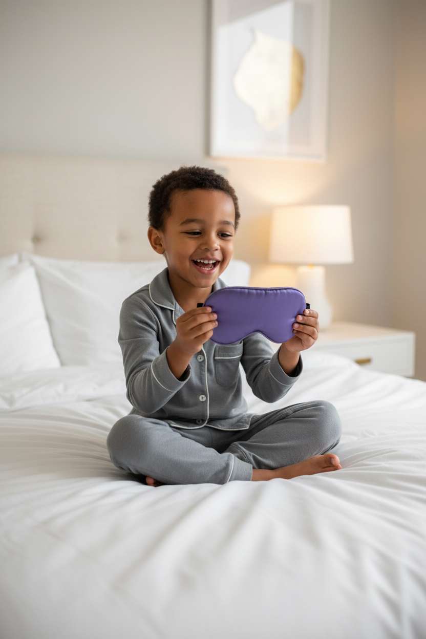 Child Playing with Deep Purple Eye Mask