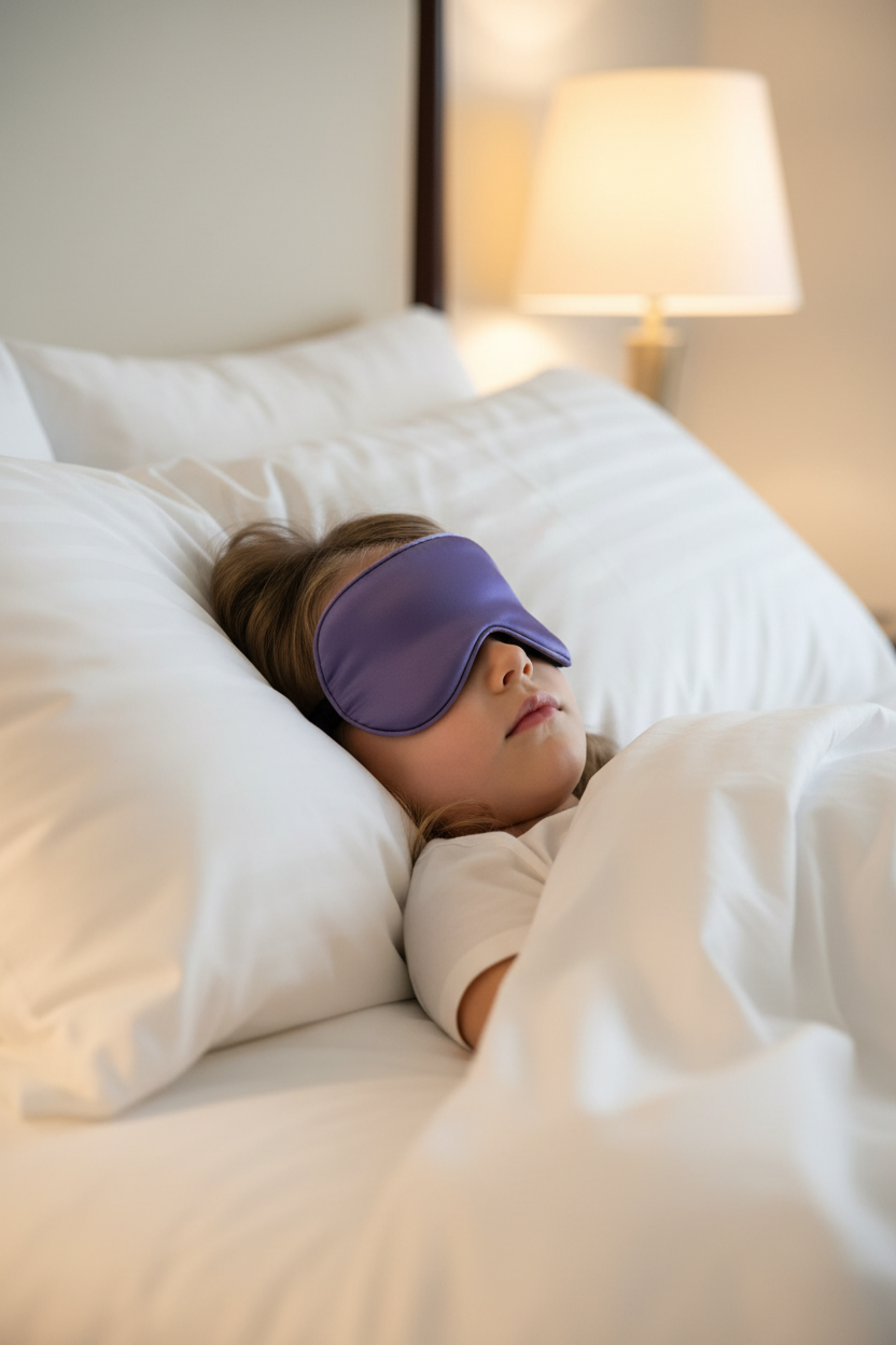 Child Sleeping with Deep Purple Eye Mask