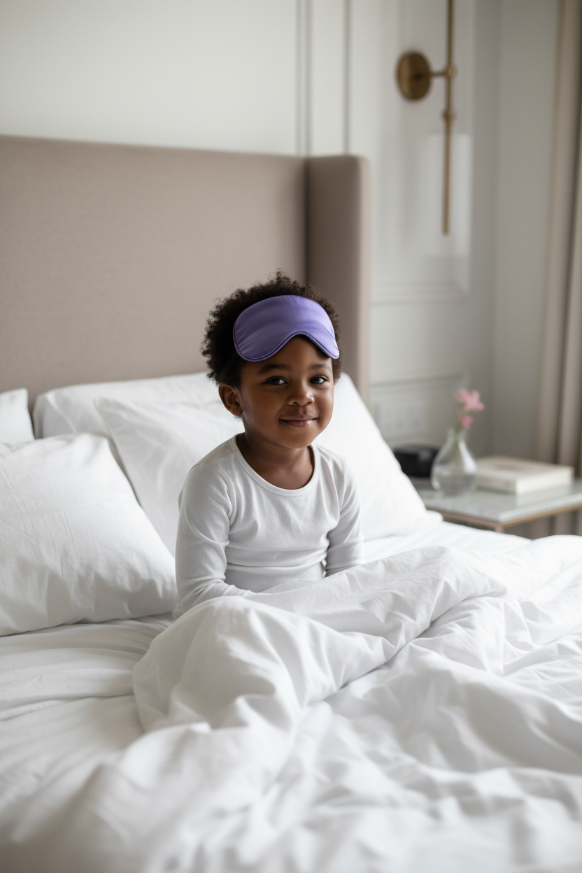 Child with Deep Purple Eye Mask on Forehead