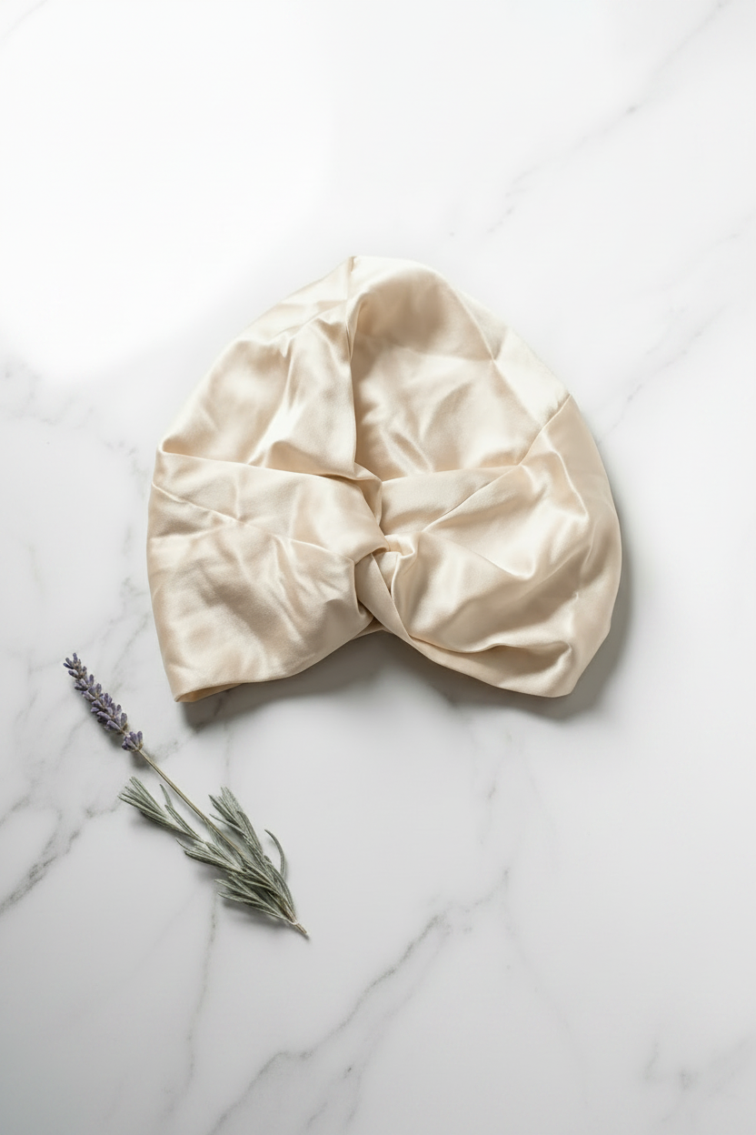 Cream bonnet portrait — champagne, lavender left