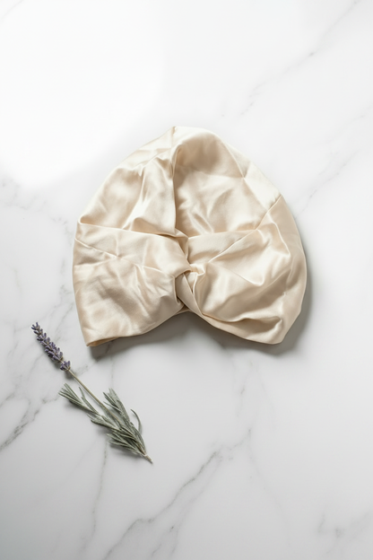 Cream bonnet portrait — champagne, lavender left