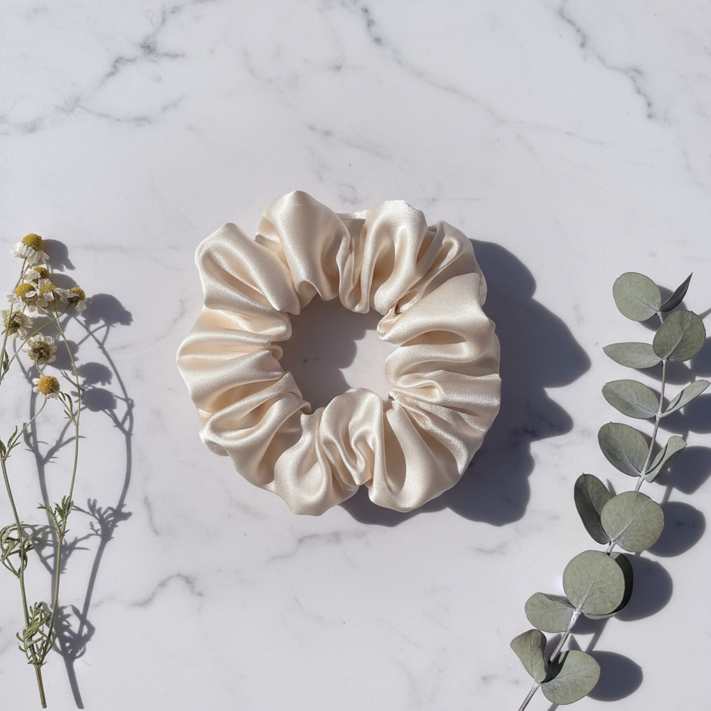 Cream Silk Scrunchie Enhanced Flat Lay