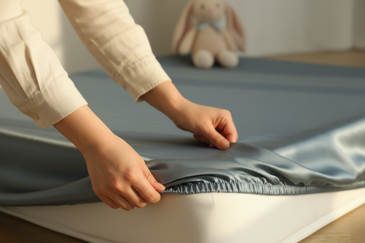 Greyish Blue Silk Fitted Sheet Being Fitted Close Up