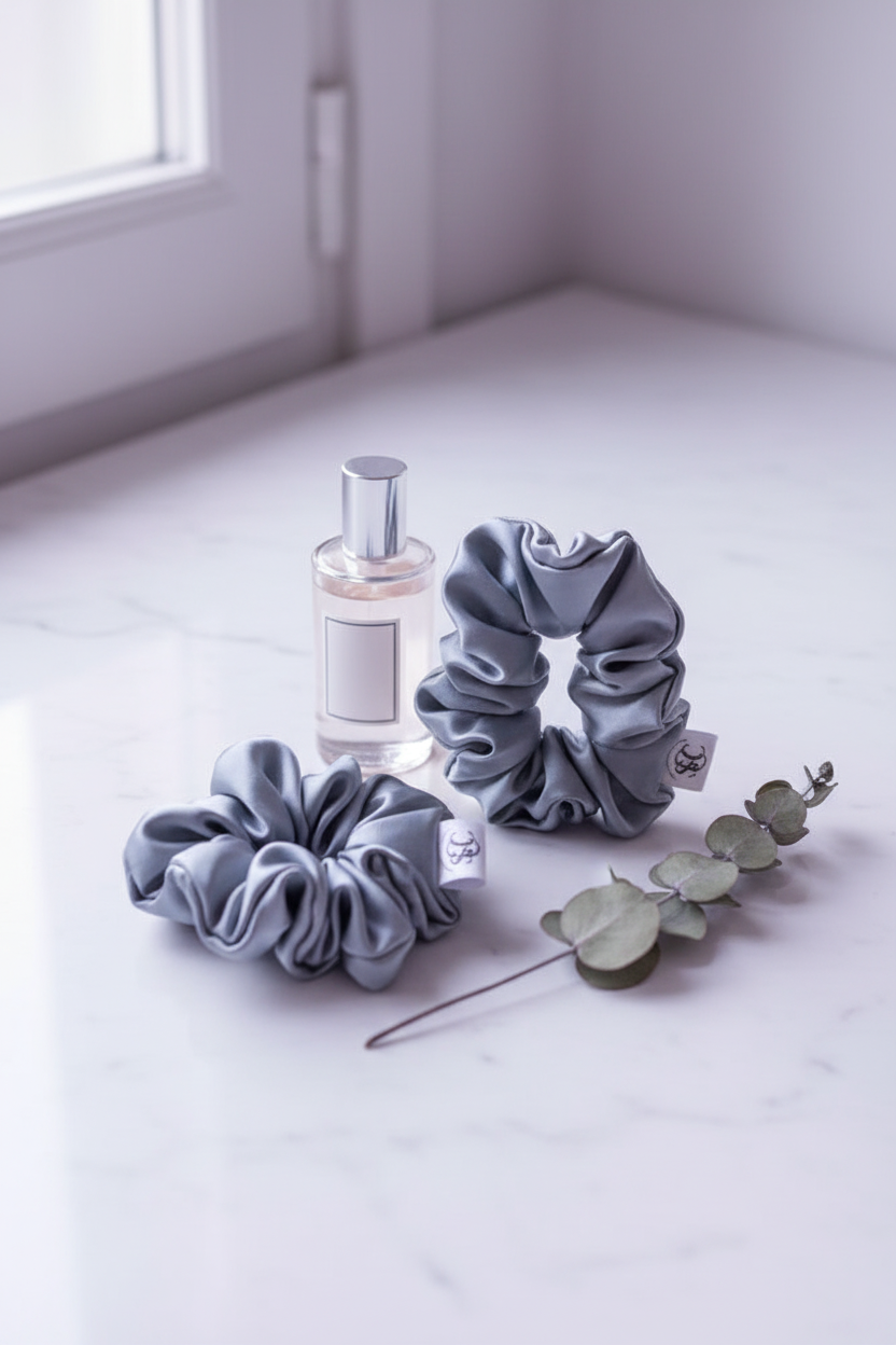 Greyish Blue Silk Scrunchie Lifestyle
