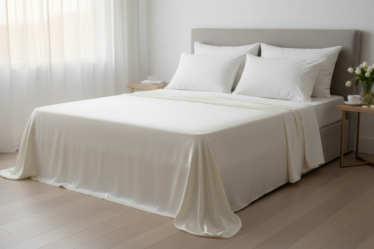 Ivory White Silk Flat Sheet Hero