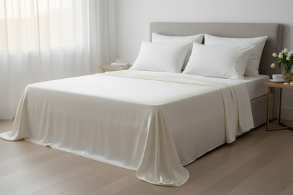 Ivory White Silk Flat Sheet Hero