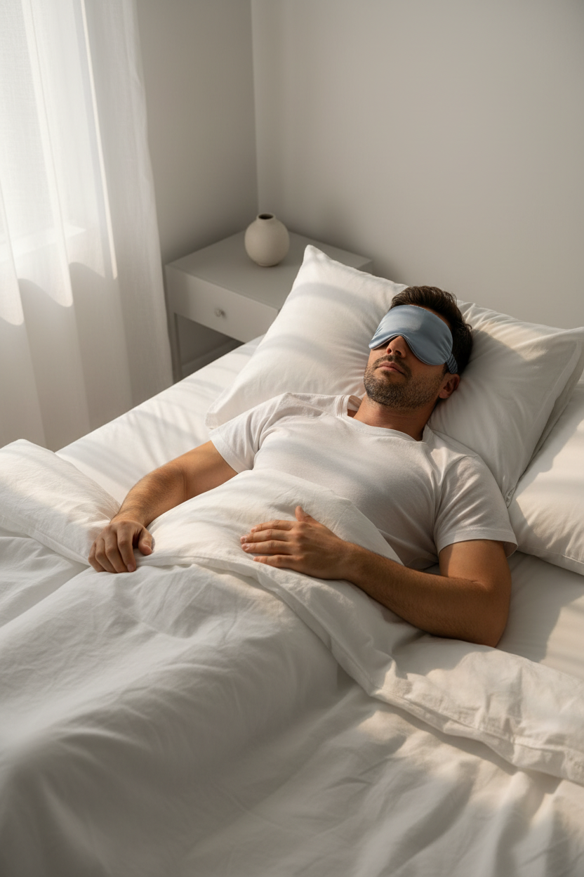 Man sleeping in bluish grey silk eye mask, morning light