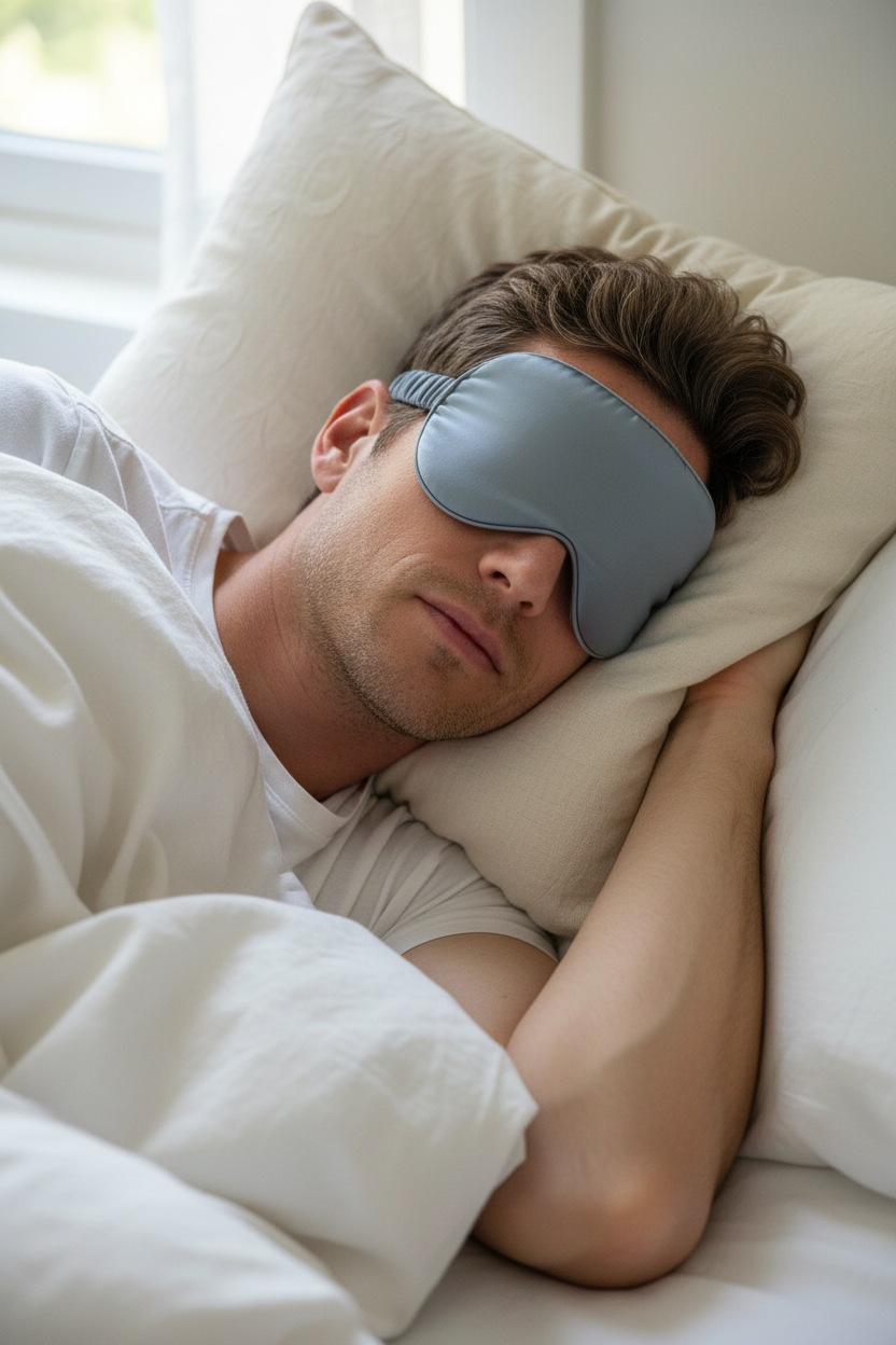 Man wearing bluish grey silk eye mask
