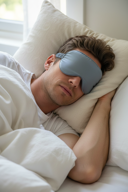 Man wearing bluish grey silk eye mask