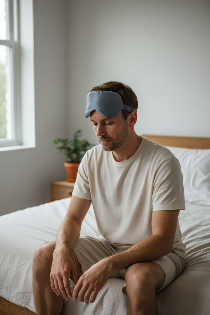 Man with silk eye mask pushed up on forehead, morning