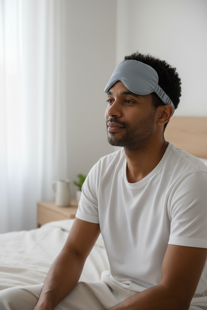 Mixed race man with silk eye mask pushed up on forehead