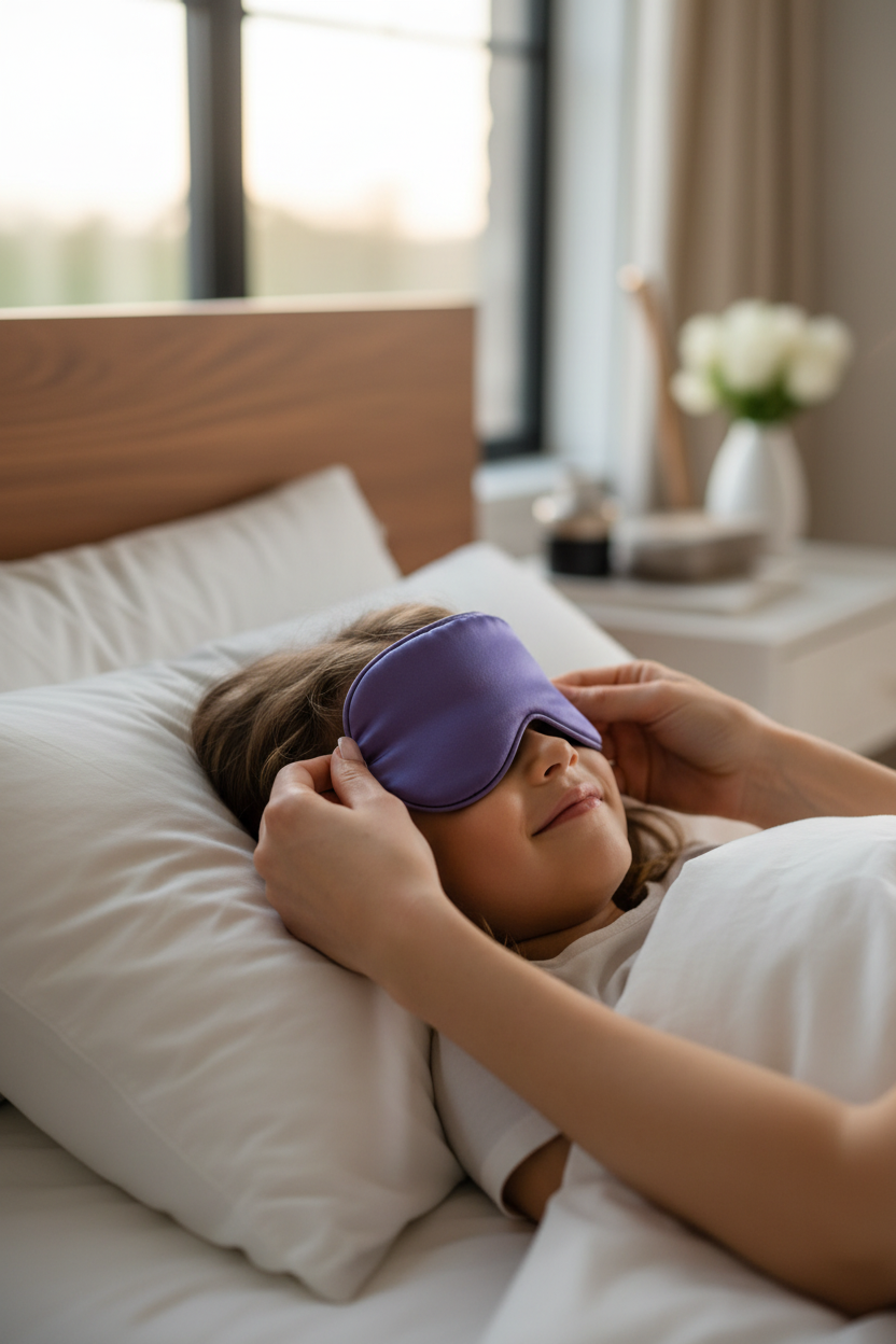 Mum Placing Deep Purple Eye Mask on Child