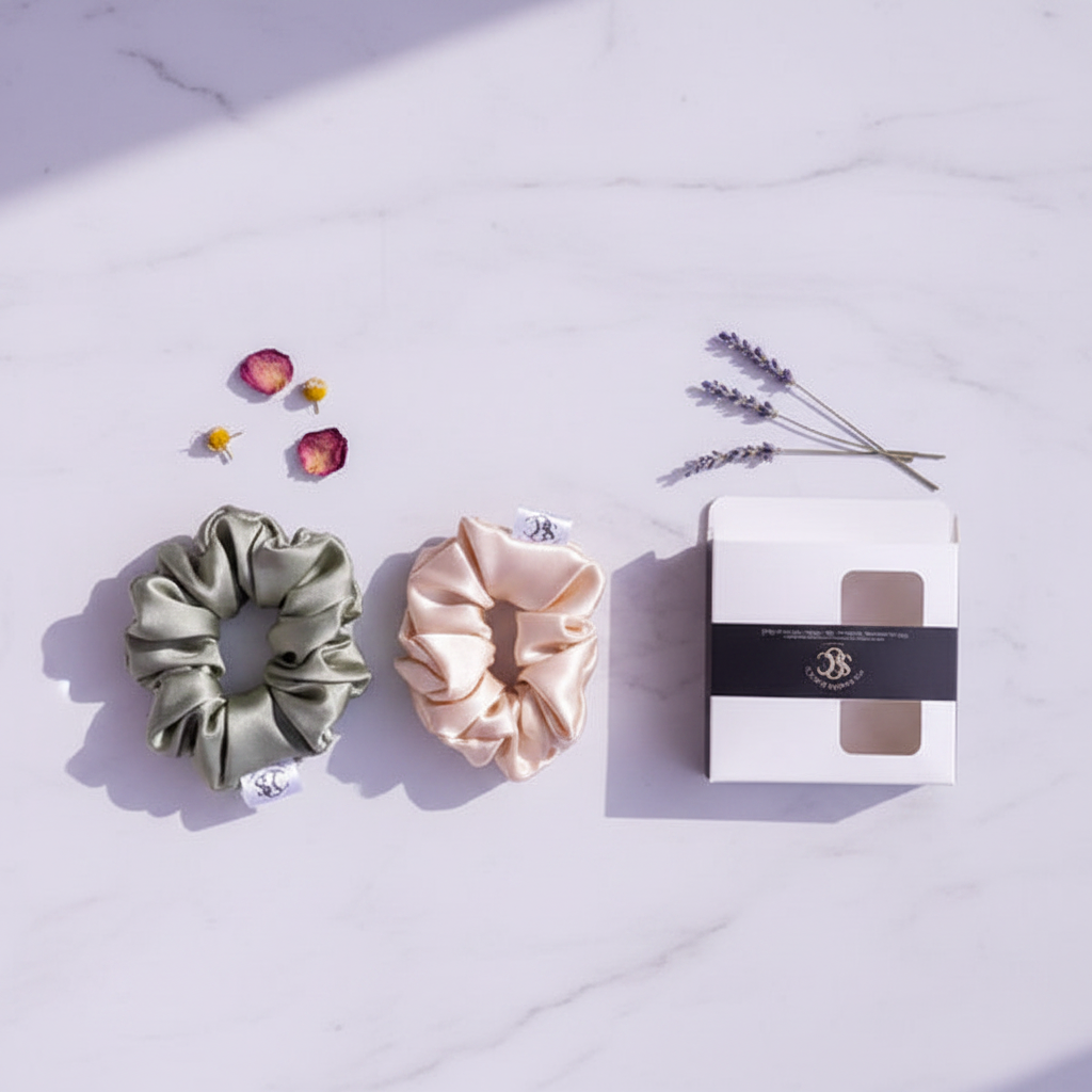 Pea Green and Peach Silk Scrunchie Two-Pack Flat Lay Revised