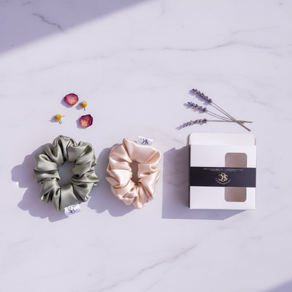 Pea Green and Peach Silk Scrunchie Two-Pack Flat Lay Revised
