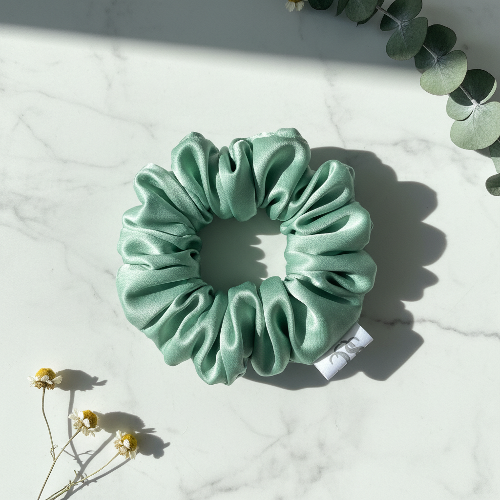 Pea Green Silk Scrunchie Enhanced Flat Lay
