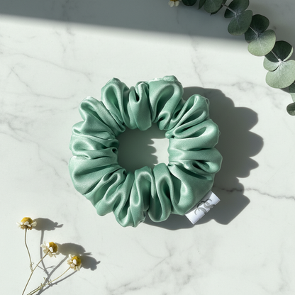 Pea Green Silk Scrunchie Enhanced Flat Lay