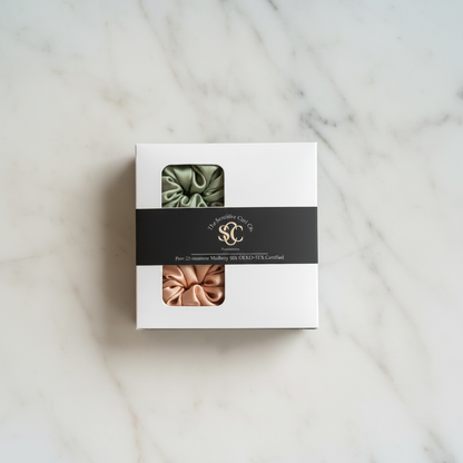 Peach & Pea Green Scrunchies in Box - Overhead