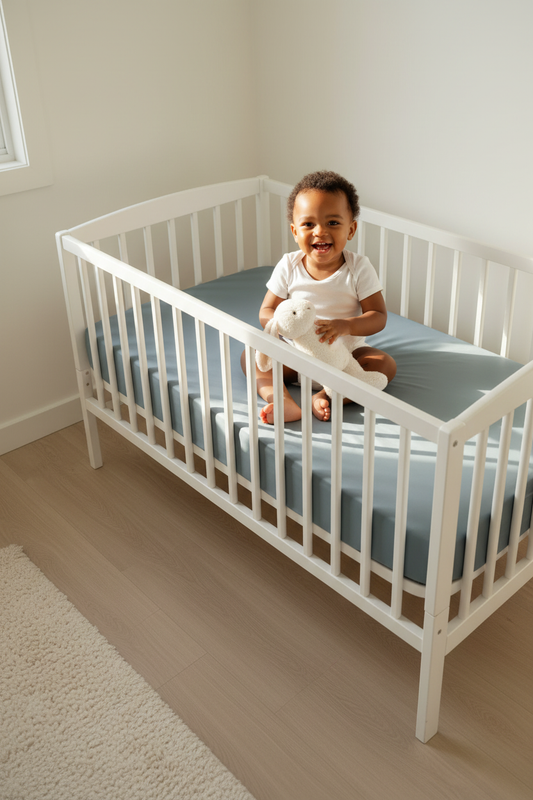 Toddler Playing on Greyish Blue Silk Cot Sheet