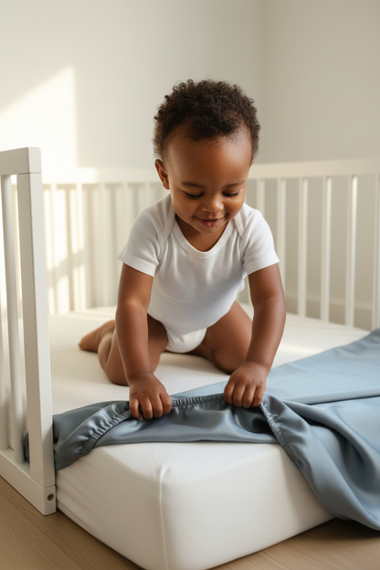 Toddler Pulling Greyish Blue Silk Sheet Off Mattress