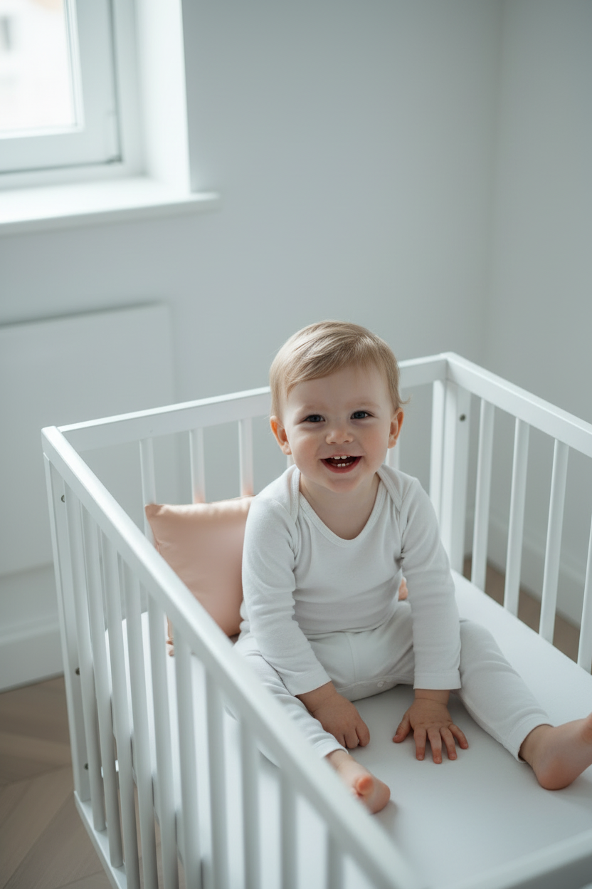 Toddler Sitting with Peach Silk Pillowcase