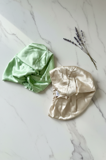 Two bonnets — marble, mint + champagne