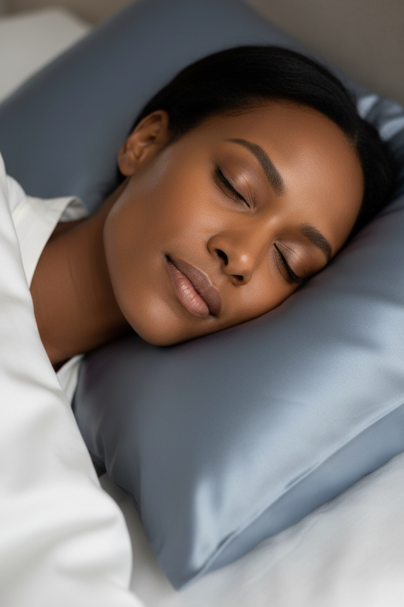 Woman's Cheek on Blue-Grey Silk Pillowcase
