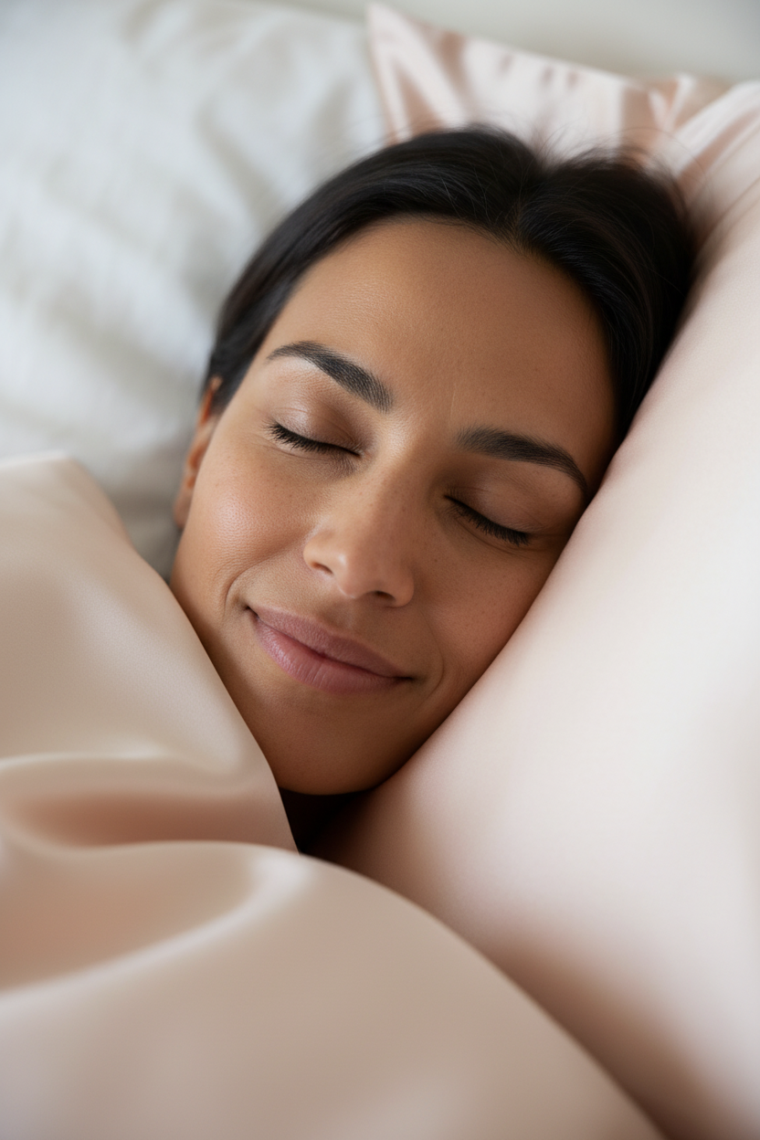 Woman's Cheek on Peach Silk Pillowcase